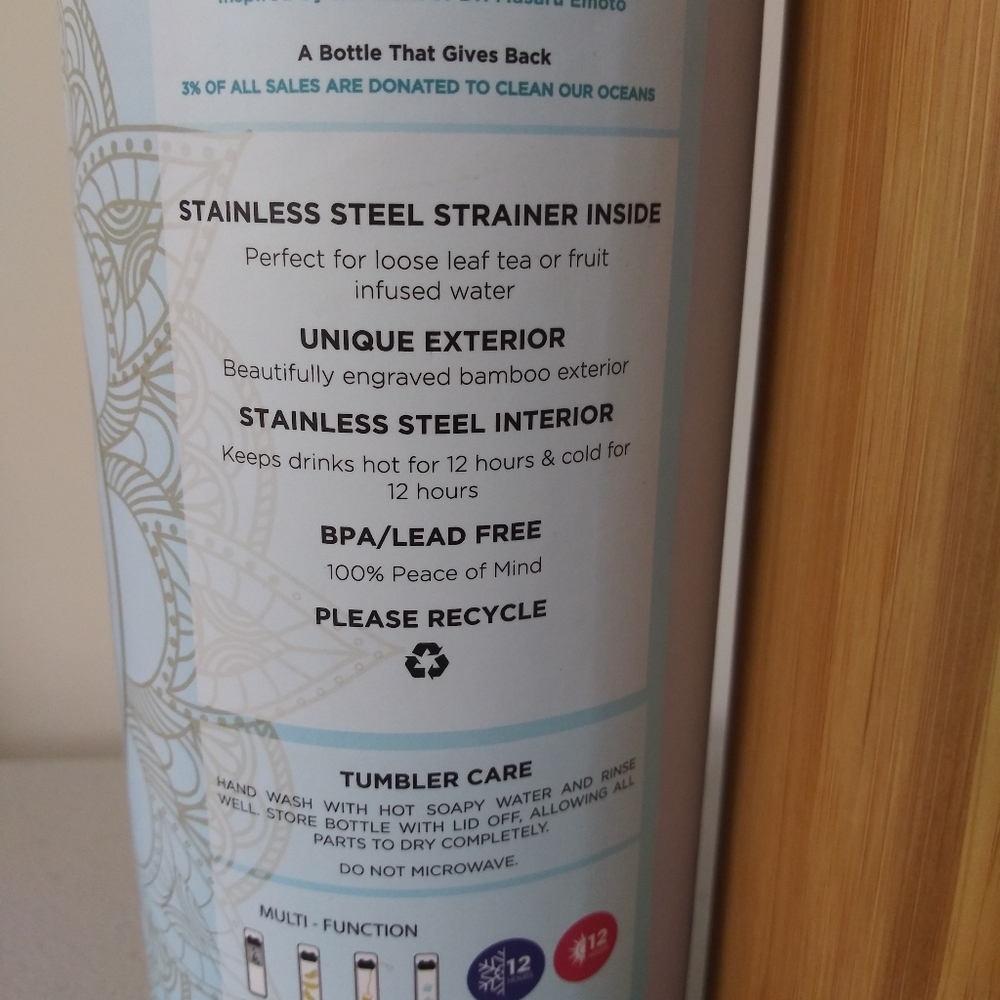 BHAVANA Bamboo Water Bottle 'PEACE' 17.9 oz Tumbler with Tea/Fruit Infuser NWT - Picture 4 of 12